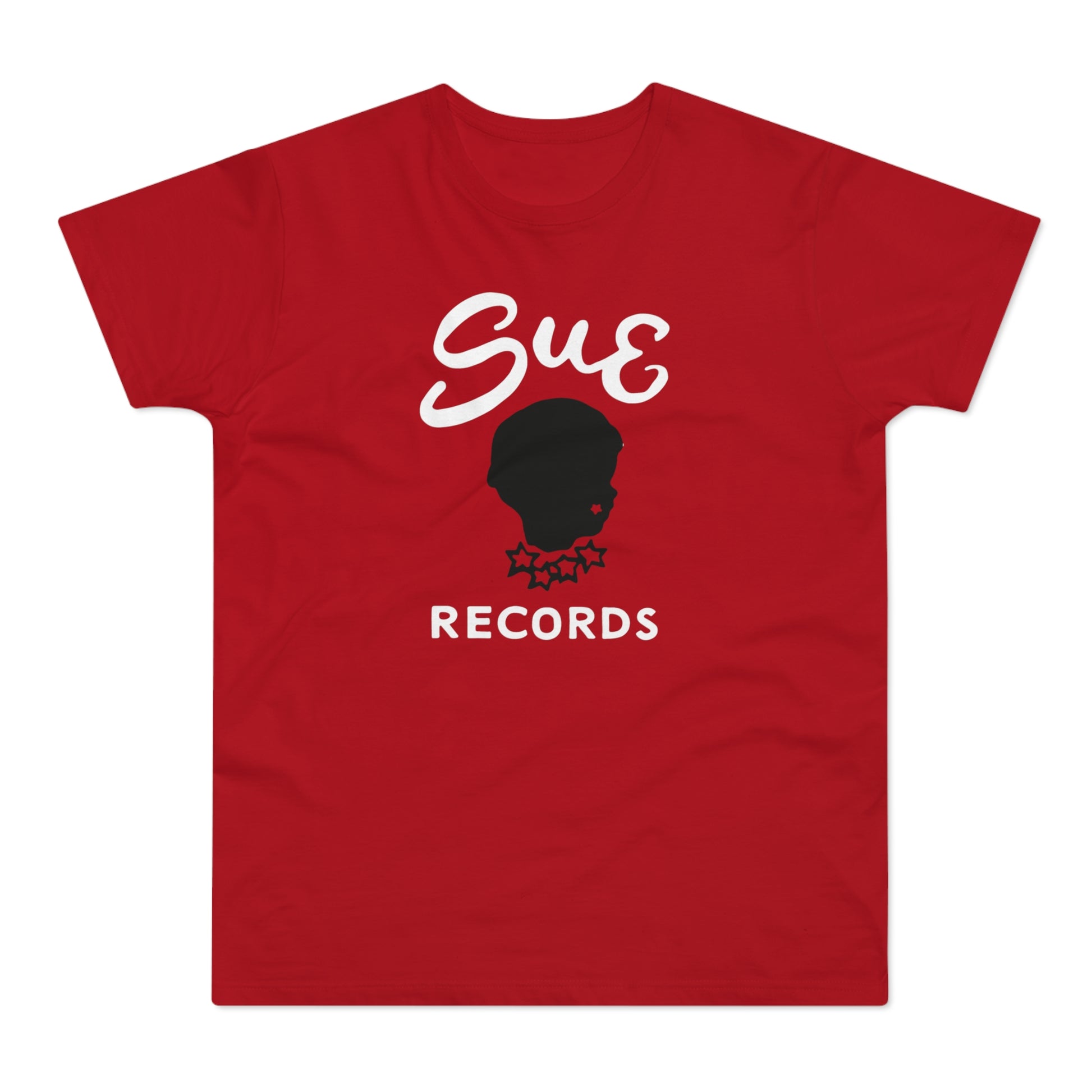 Red t-shirt with white "Sue Records" text and black child silhouette logo.