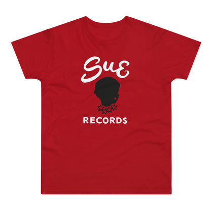 Red t-shirt with white "Sue Records" text and black child silhouette logo.