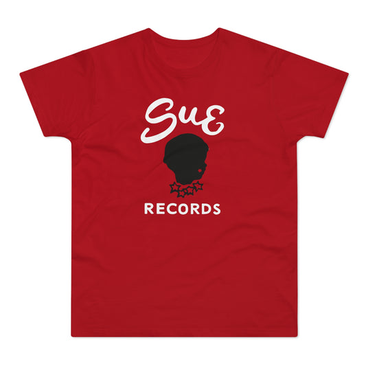 Red t-shirt with white "Sue Records" text and black child silhouette logo.