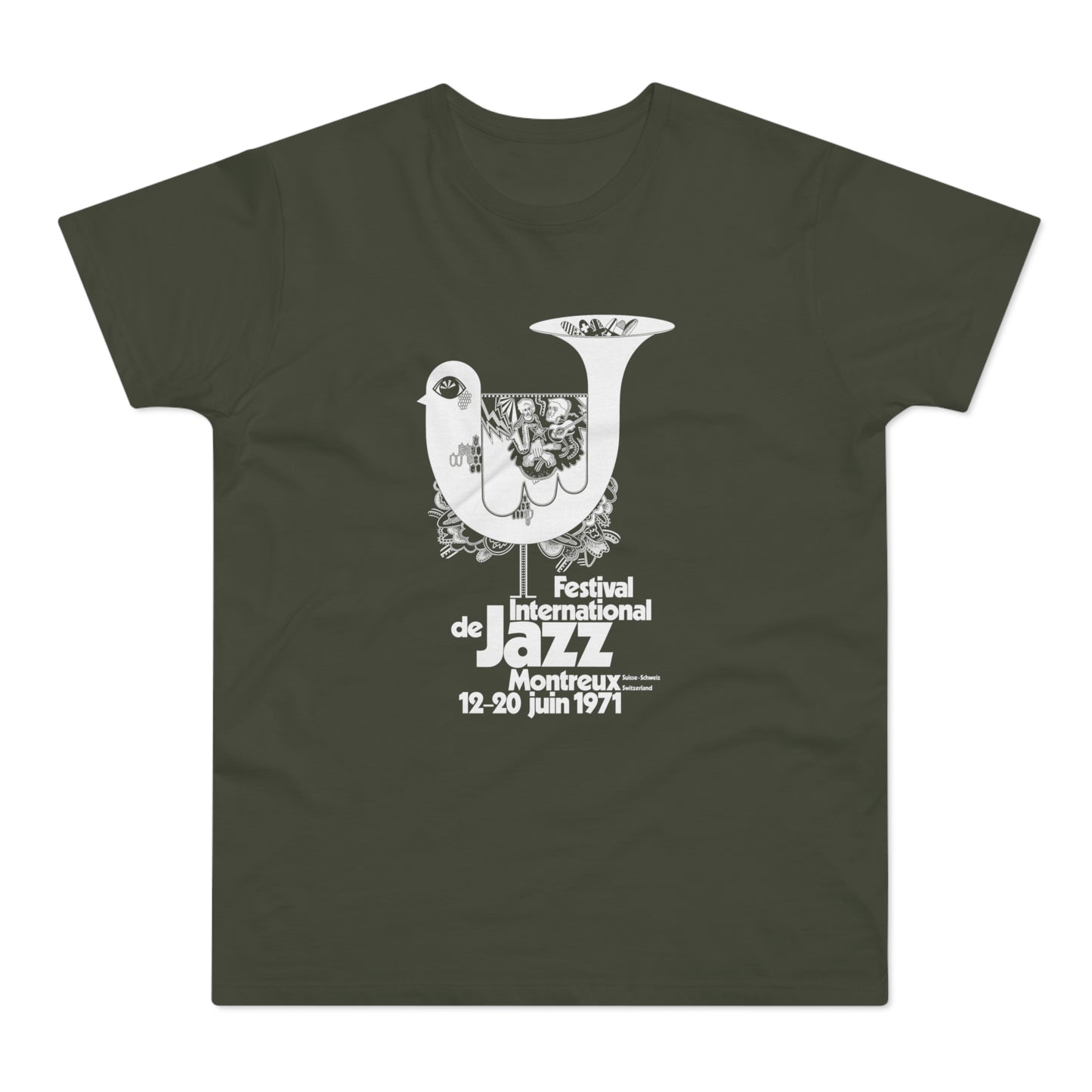 Festival International de Jazz Montreux 1971 shirt with iconic bird graphic and text.