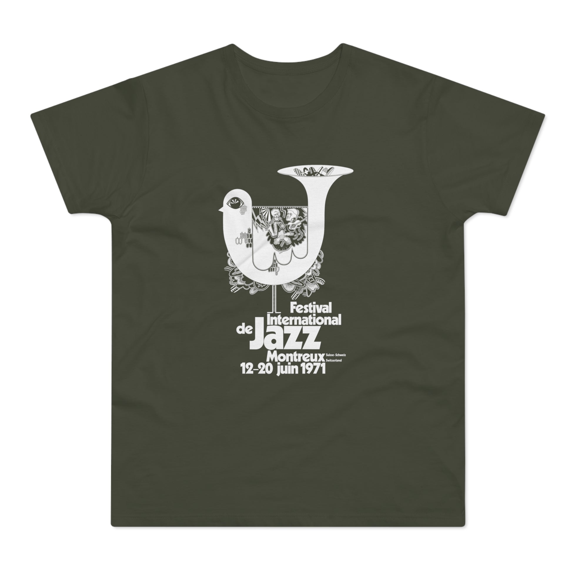 Festival International de Jazz Montreux 1971 shirt with iconic bird graphic and text.