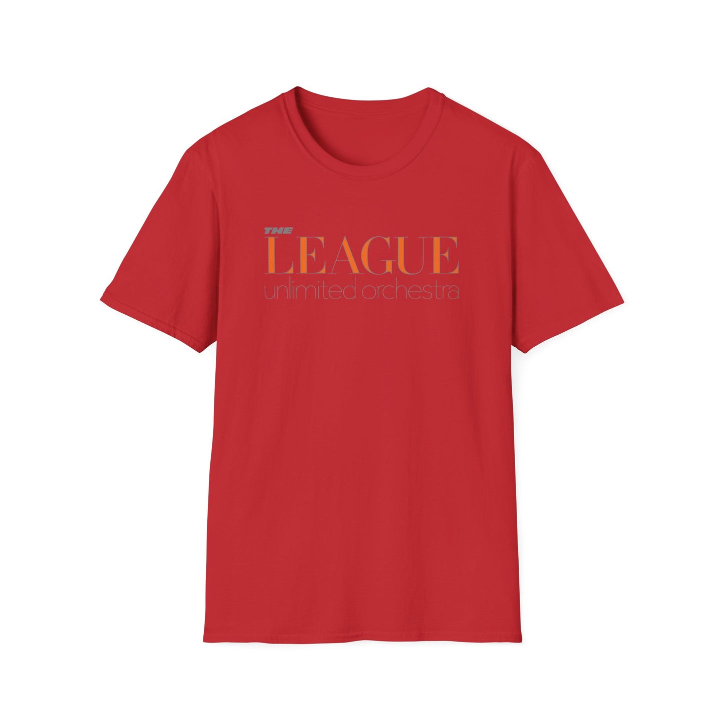 Red t-shirt with "The League unlimited orchestra" text in gradient colors.