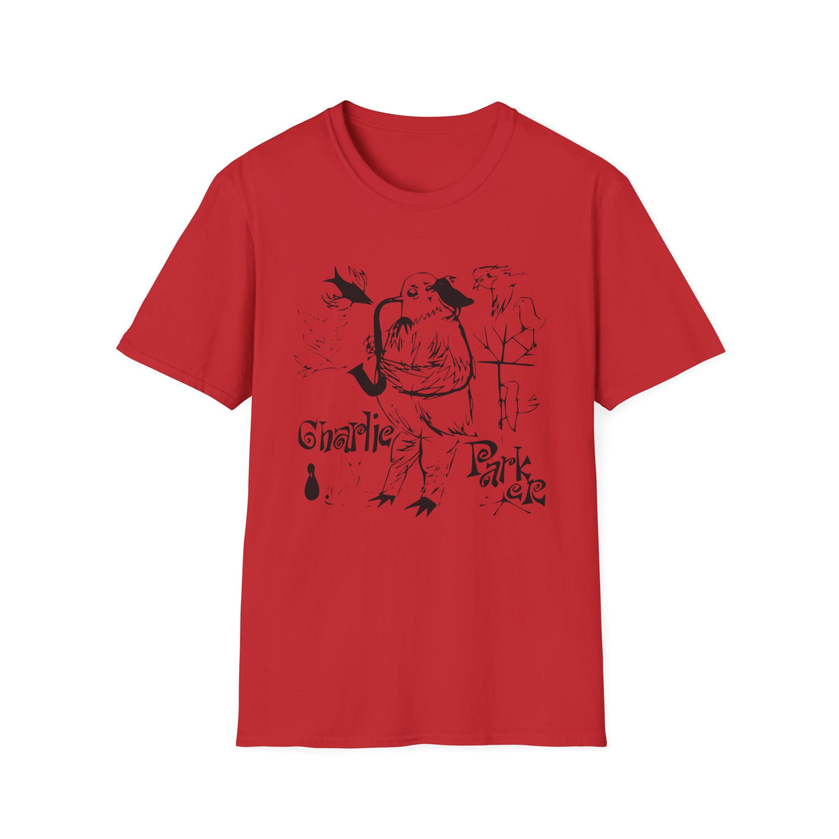 Red t-shirt with a black ink drawing of a bird playing a saxophone, labeled "Charlie Parker".
