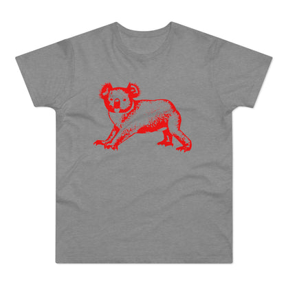 Red koala graphic on a grey t-shirt.