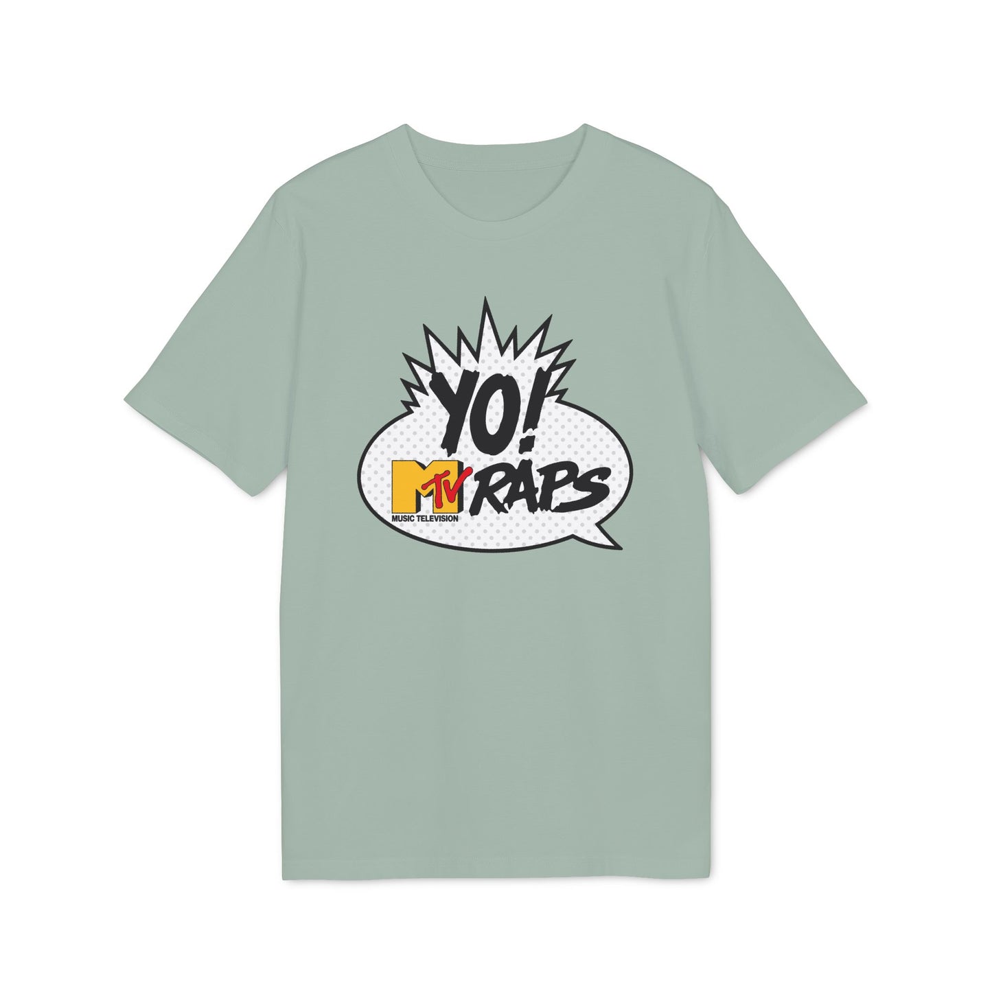 Light green t-shirt with "Yo! MTV Raps Music Television" graphic in a speech bubble.