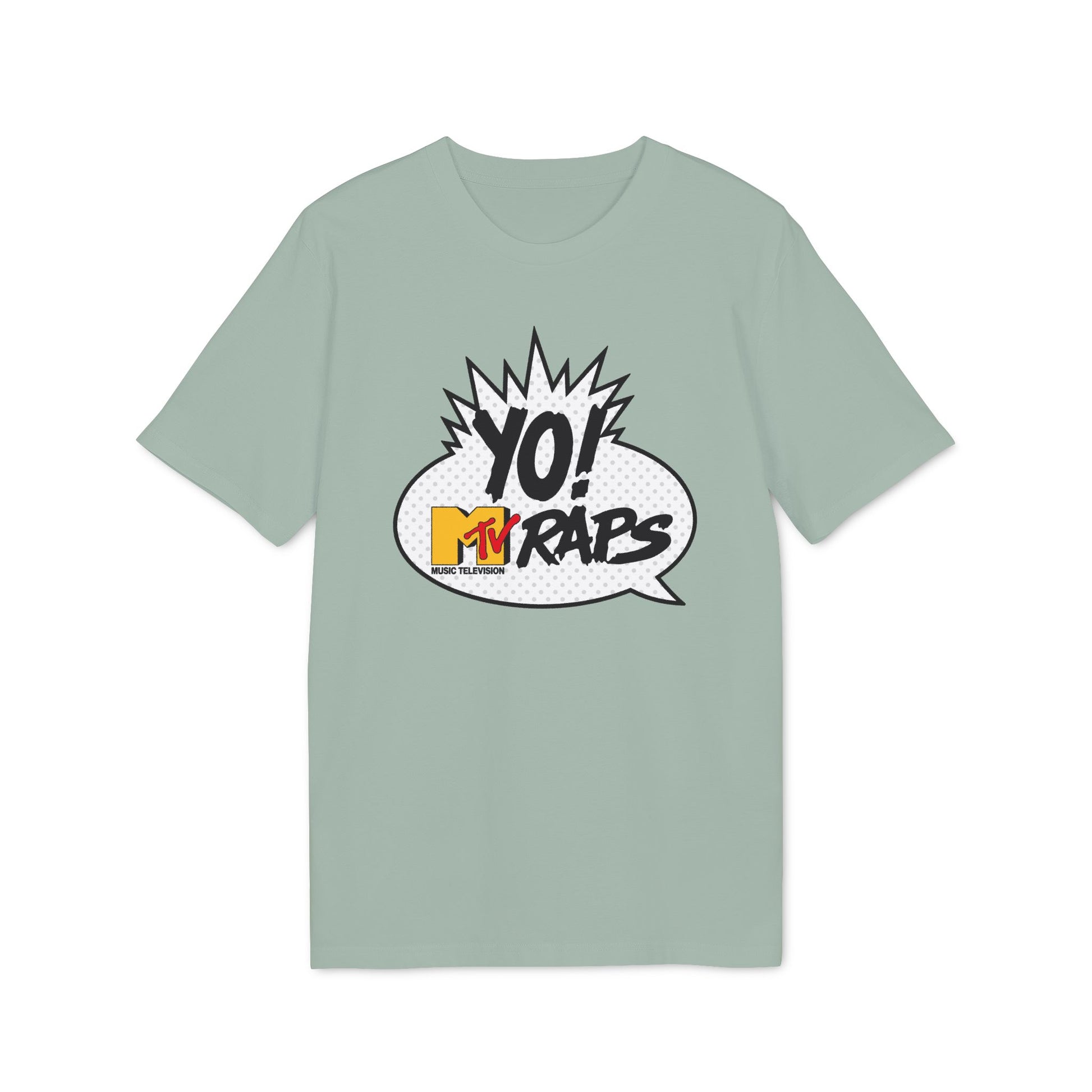 Light green t-shirt with "Yo! MTV Raps Music Television" graphic in a speech bubble.