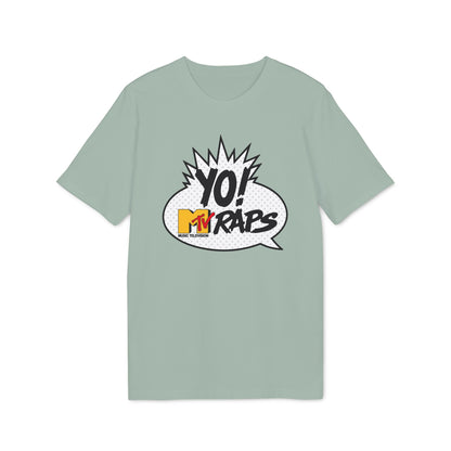 Light green t-shirt with "Yo! MTV Raps Music Television" graphic in a speech bubble.