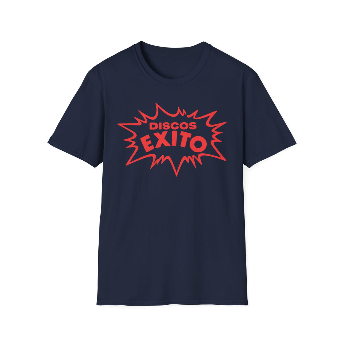 Navy blue t-shirt with red "Discos Exito" text in a comic book style burst.