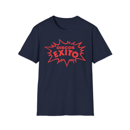 Navy blue t-shirt with red "Discos Exito" text in a comic book style burst.