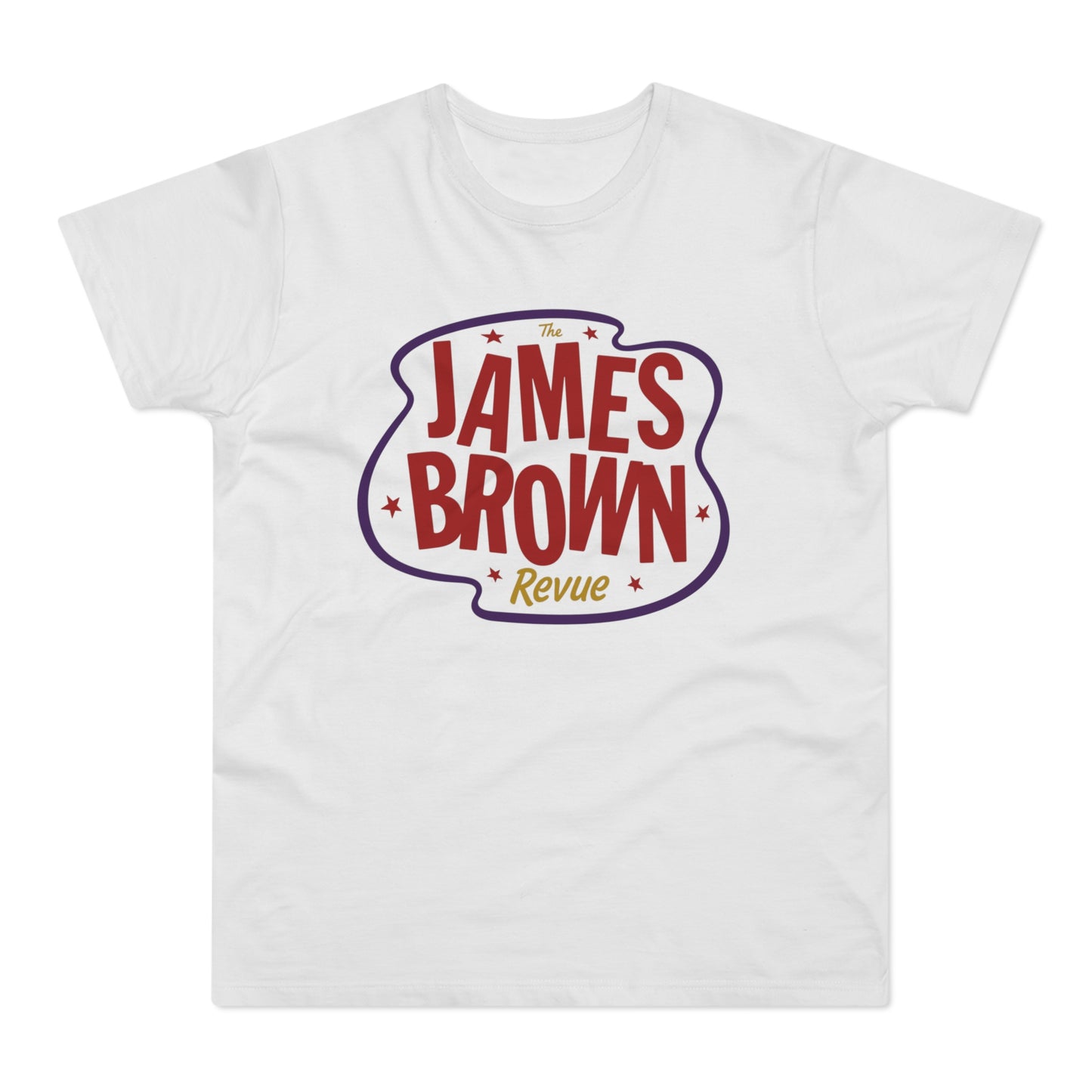 White T-shirt with "The James Brown Revue" text and stars in a purple outline.