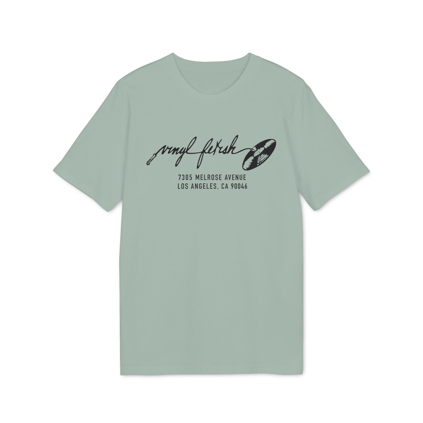 Light green t-shirt with black "vinyl fetish" text and address 7305 Melrose Ave, Los Angeles.
