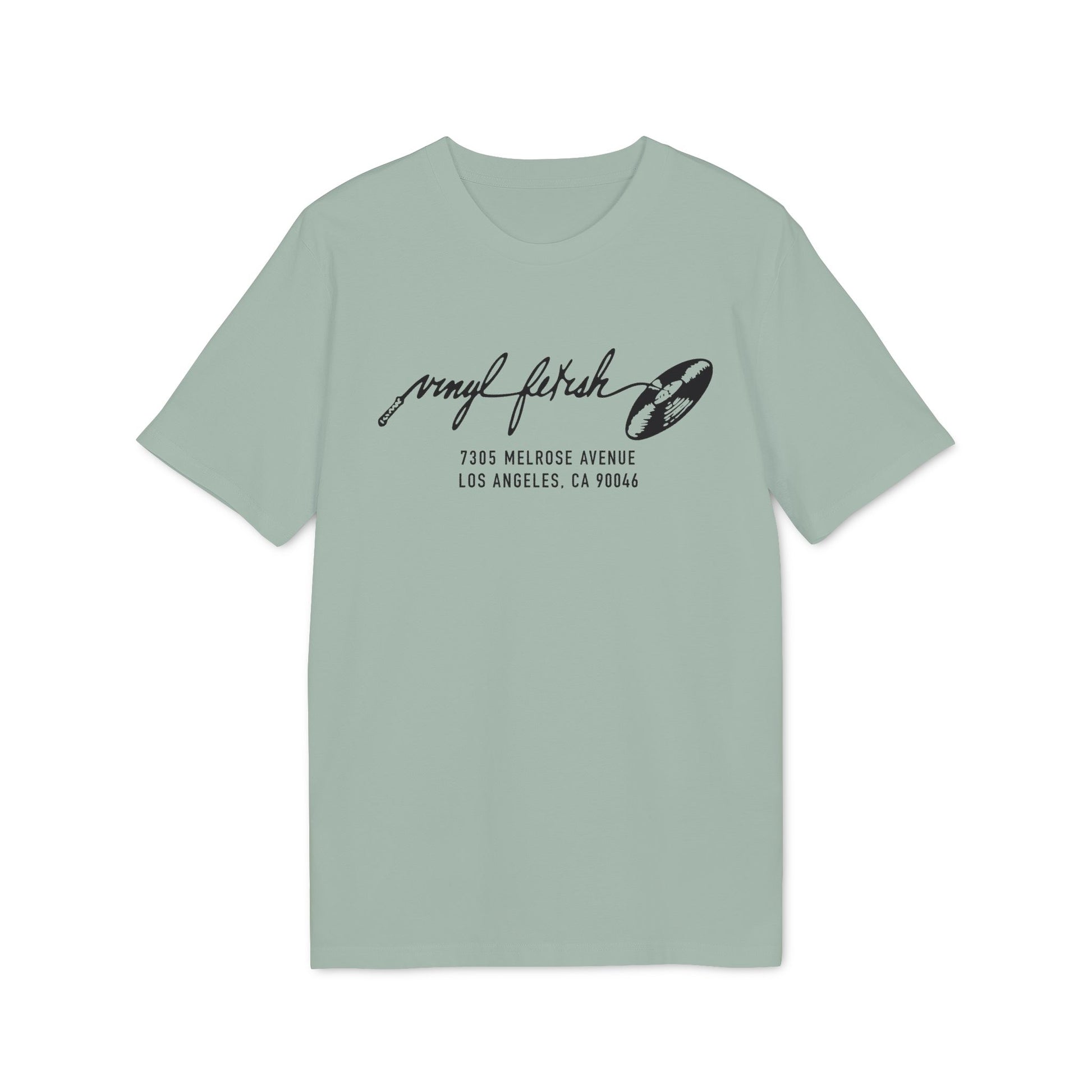 Light green t-shirt with black "vinyl fetish" text and address 7305 Melrose Ave, Los Angeles.