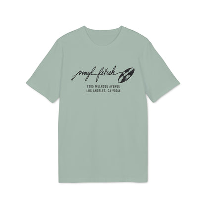 Light green t-shirt with black "vinyl fetish" text and address 7305 Melrose Ave, Los Angeles.
