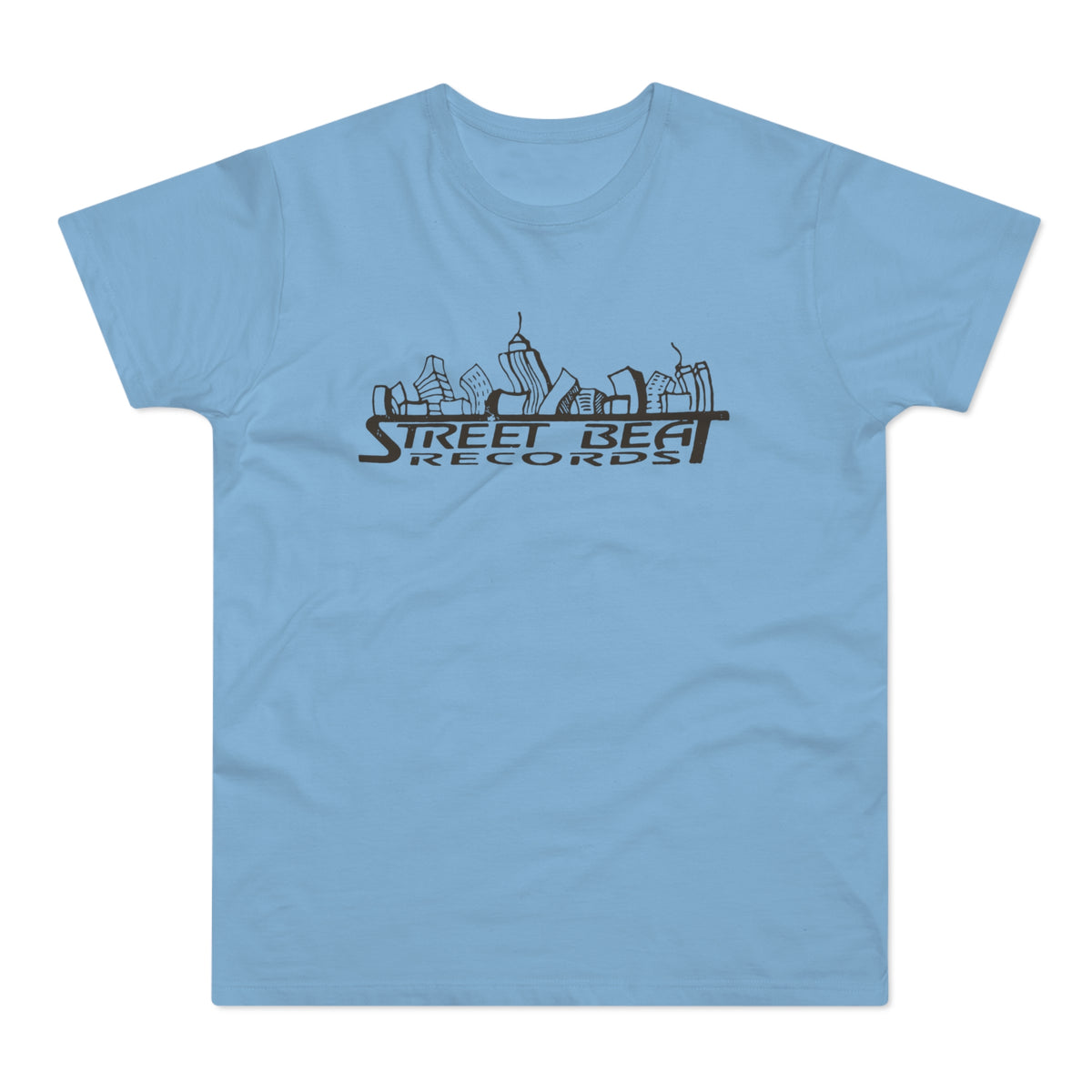 Light blue t-shirt with "Street Beat Records" text and skyline graphic.