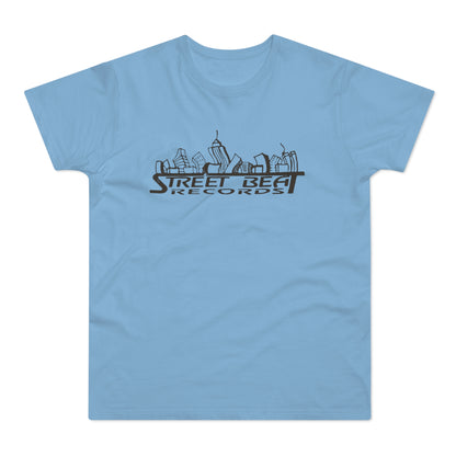 Light blue t-shirt with "Street Beat Records" text and skyline graphic.