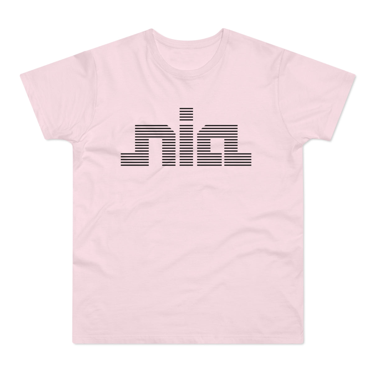 Pink t-shirt with black striped "nia" logo across the chest.