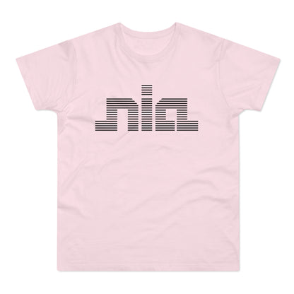 Pink t-shirt with black striped "nia" logo across the chest.