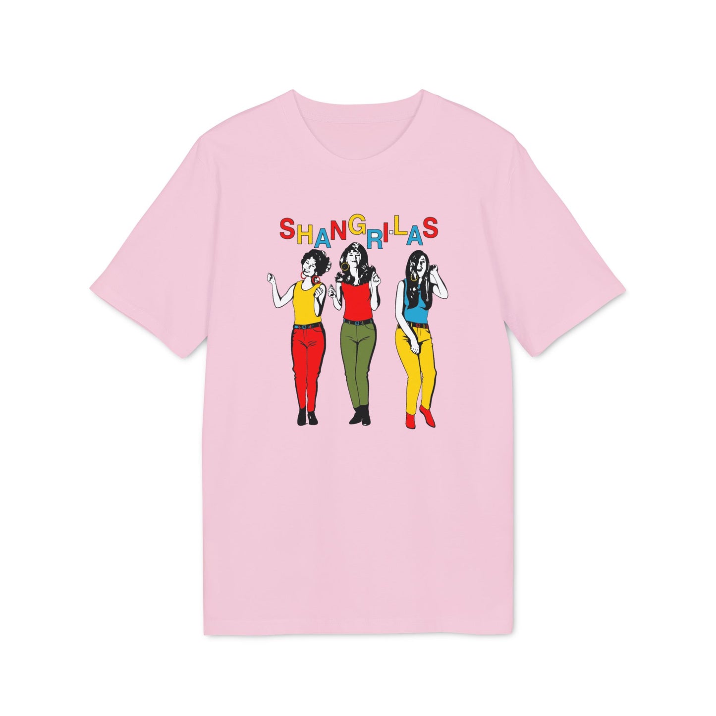 Pink t-shirt with "SHANGRI-LAS" text and three colorful women graphic.