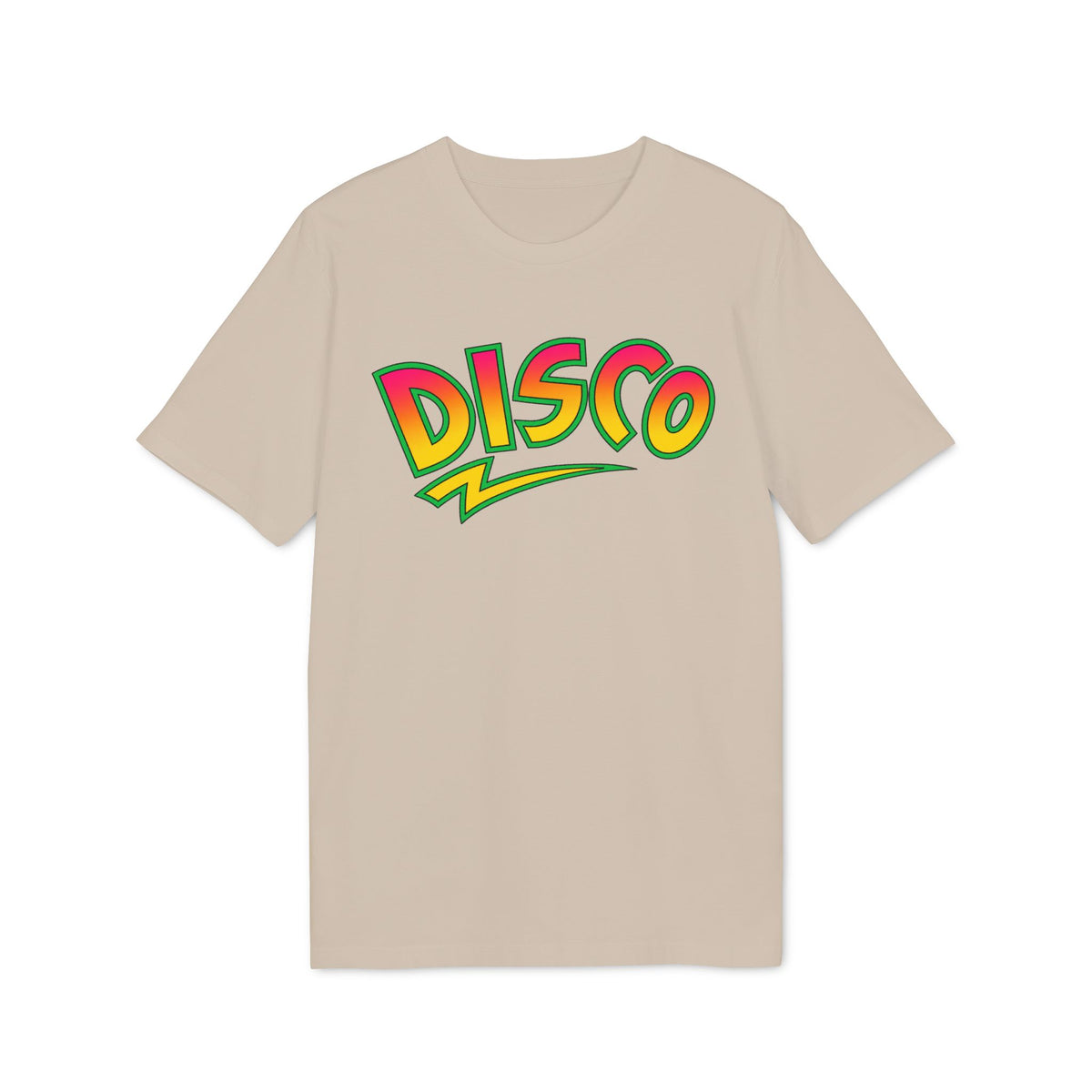 Beige t-shirt with colorful "Disco" graphic and lightning bolt accent.