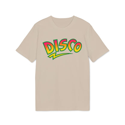 Beige t-shirt with colorful "Disco" graphic and lightning bolt accent.