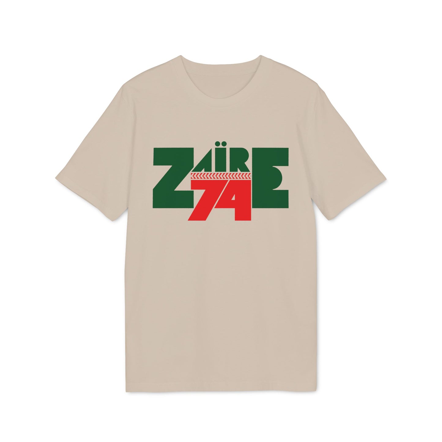 Cream t-shirt with green "ZAIRE" text and red "74" below.