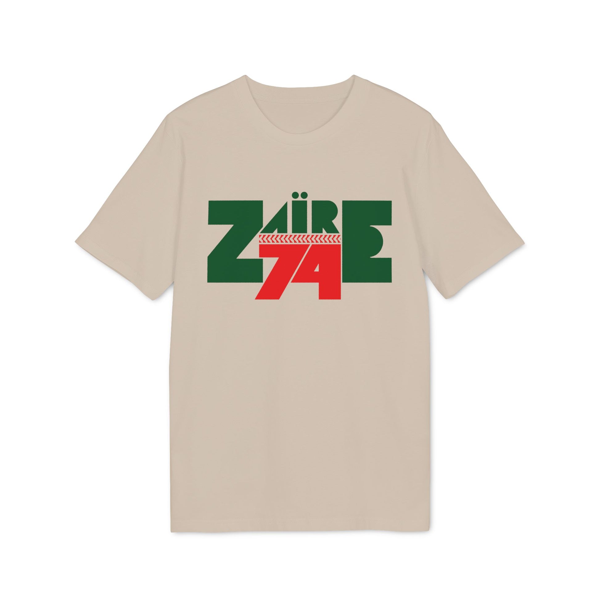 Cream t-shirt with green "ZAIRE" text and red "74" below.