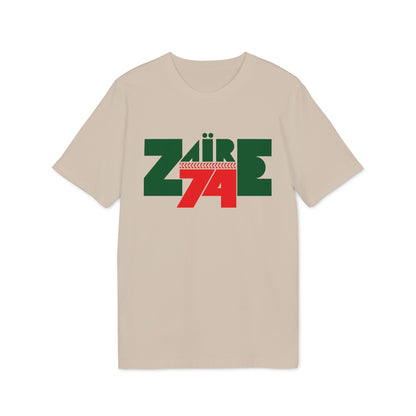Cream t-shirt with green "ZAIRE" text and red "74" below.