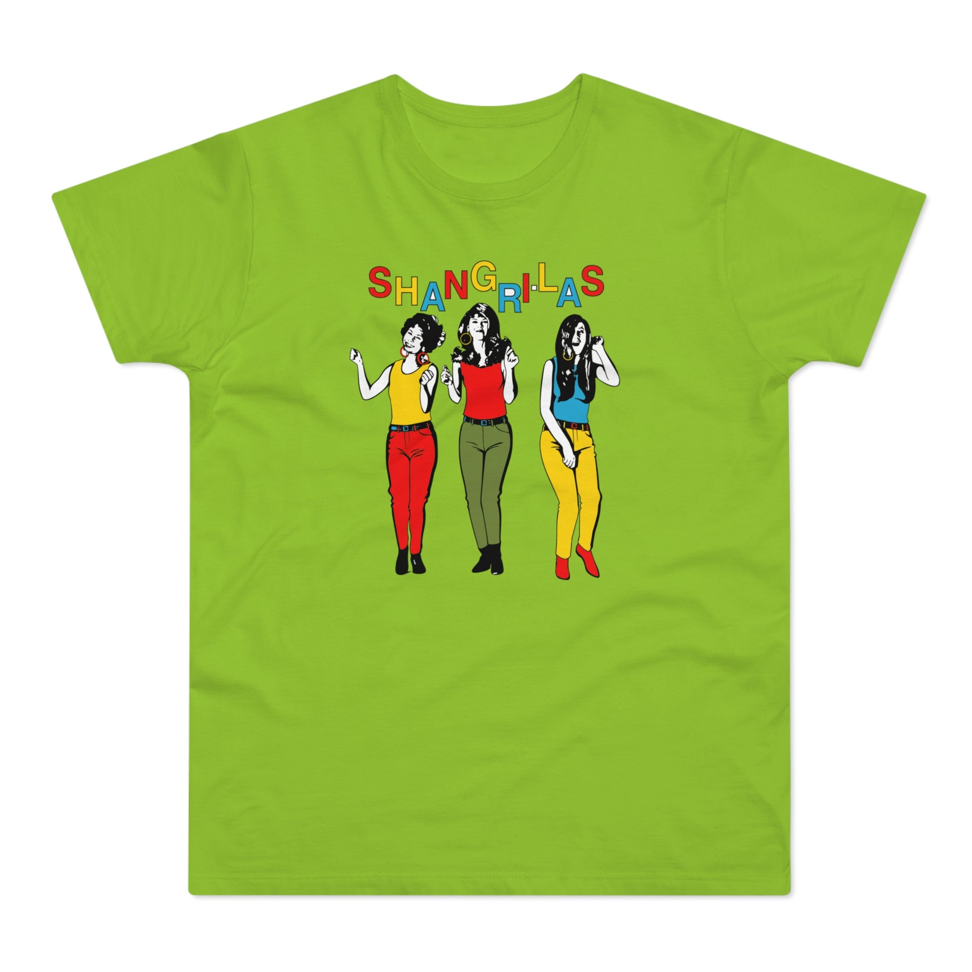 Green t-shirt with colorful "SHANG-RI-LAS" text and three dancing women.