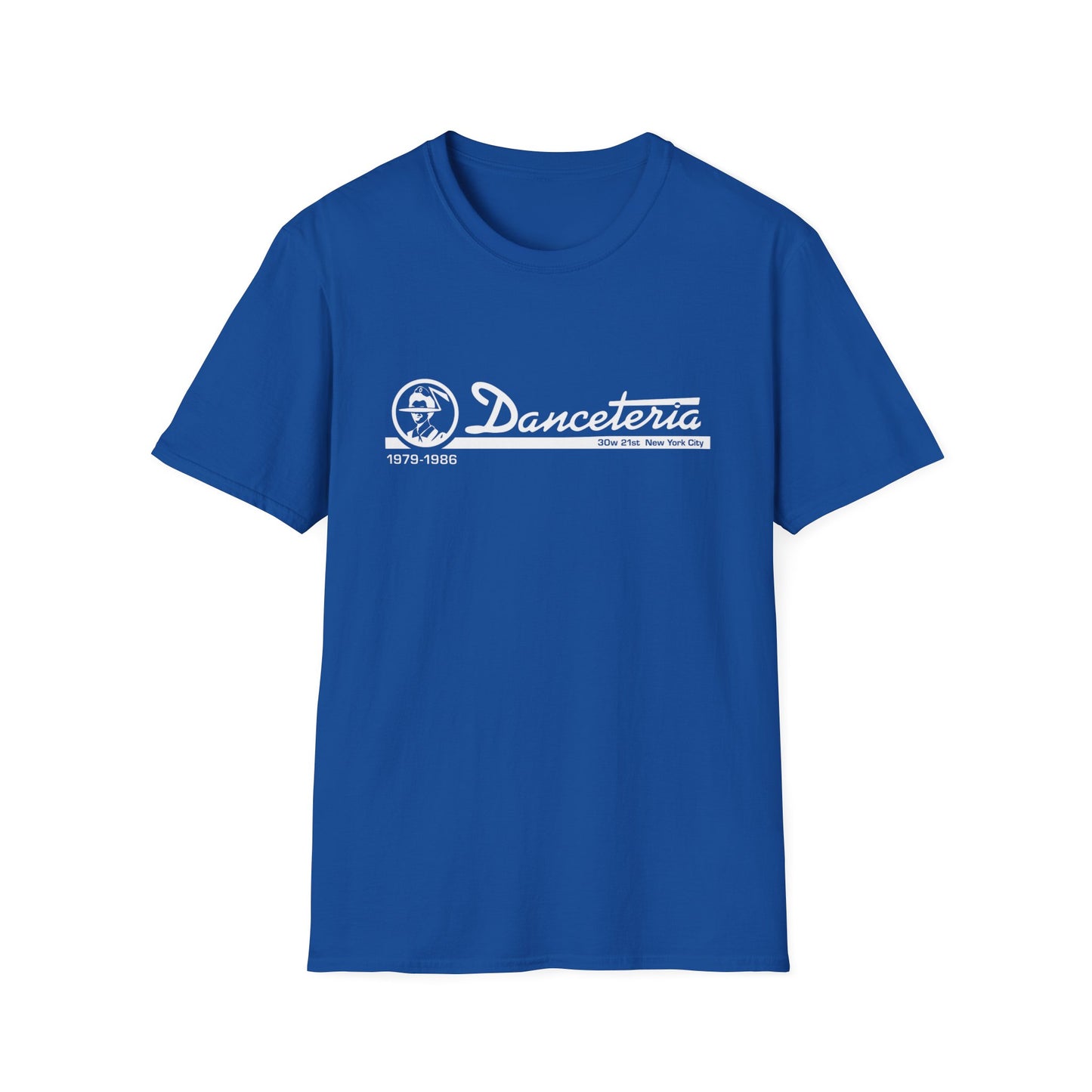 Blue t-shirt with white Danceteria logo, 1979-1986, 30w 21st New York City.