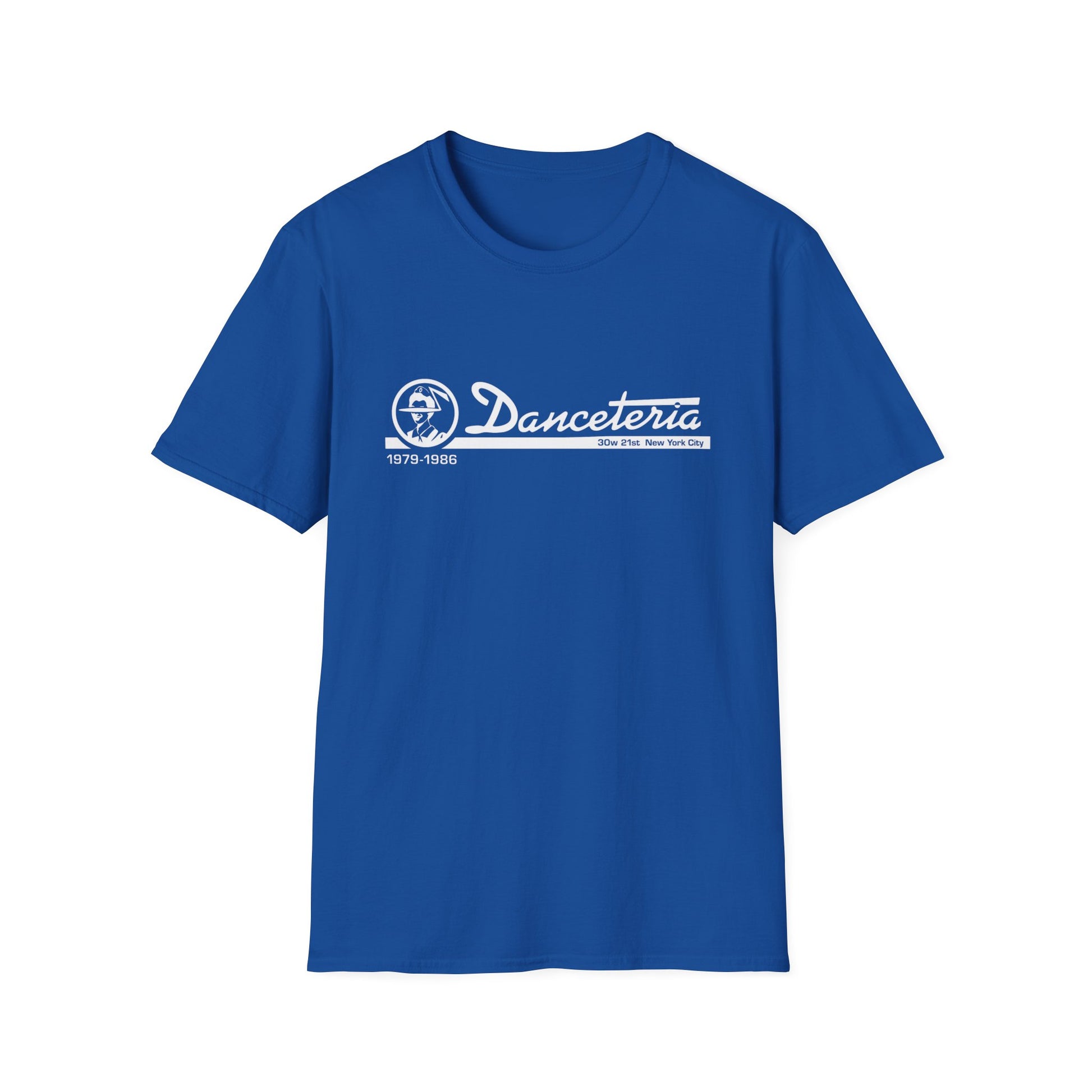 Blue t-shirt with white Danceteria logo, 1979-1986, 30w 21st New York City.