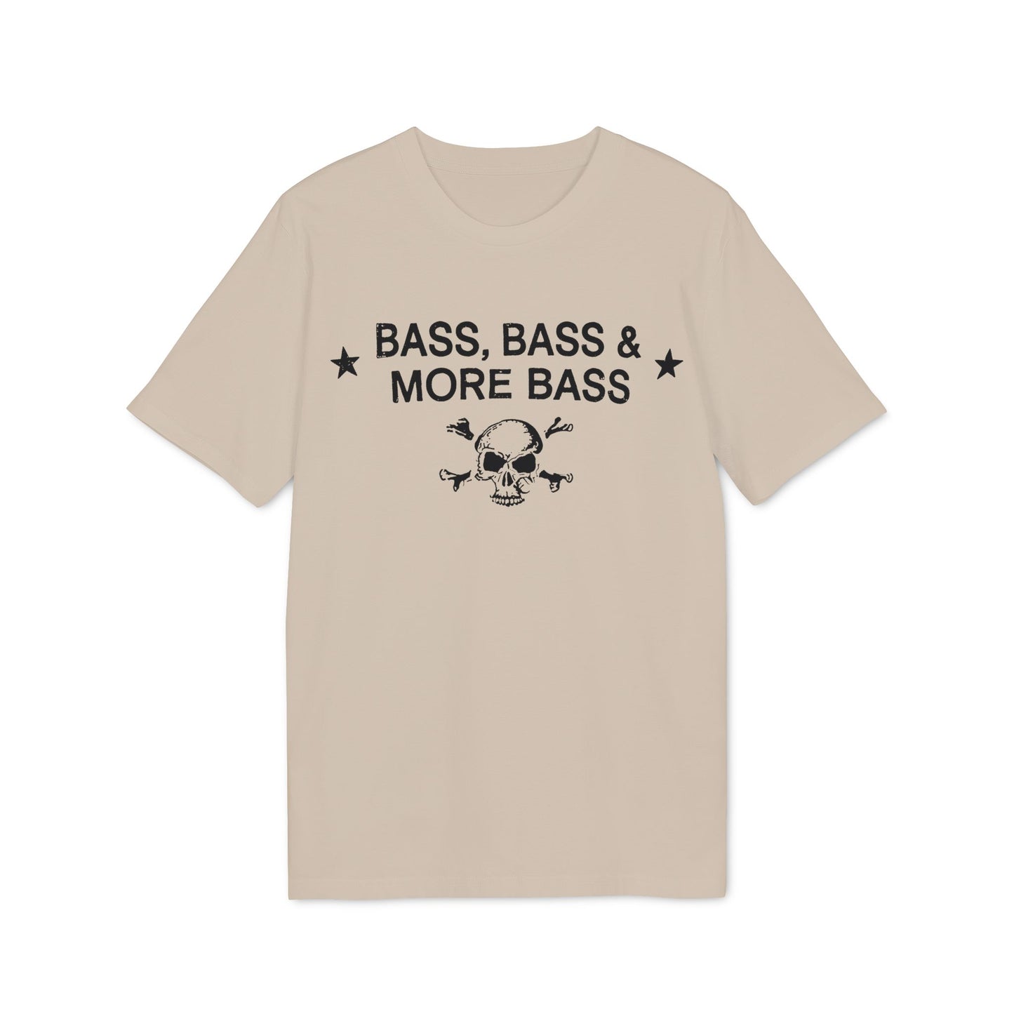 Beige t-shirt with black text "BASS, BASS & MORE BASS" and skull graphic.