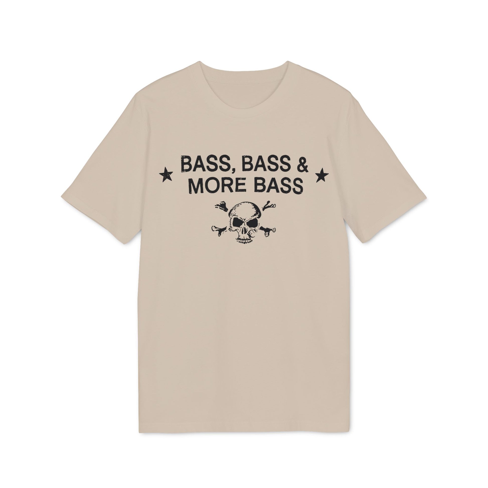 Beige t-shirt with black text "BASS, BASS & MORE BASS" and skull graphic.