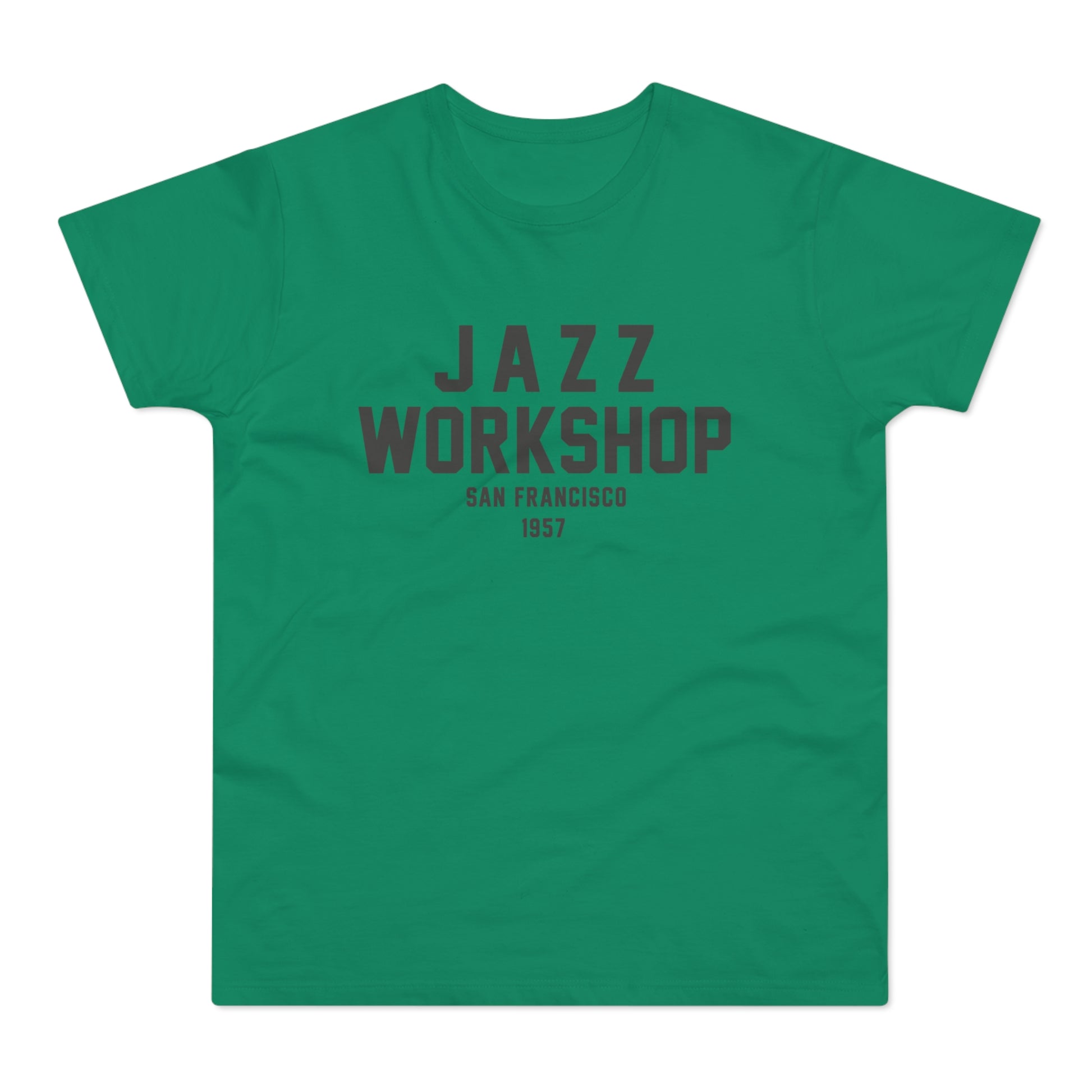 Green t-shirt with text "JAZZ WORKSHOP SAN FRANCISCO 1957"