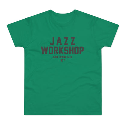 Green t-shirt with text "JAZZ WORKSHOP SAN FRANCISCO 1957"