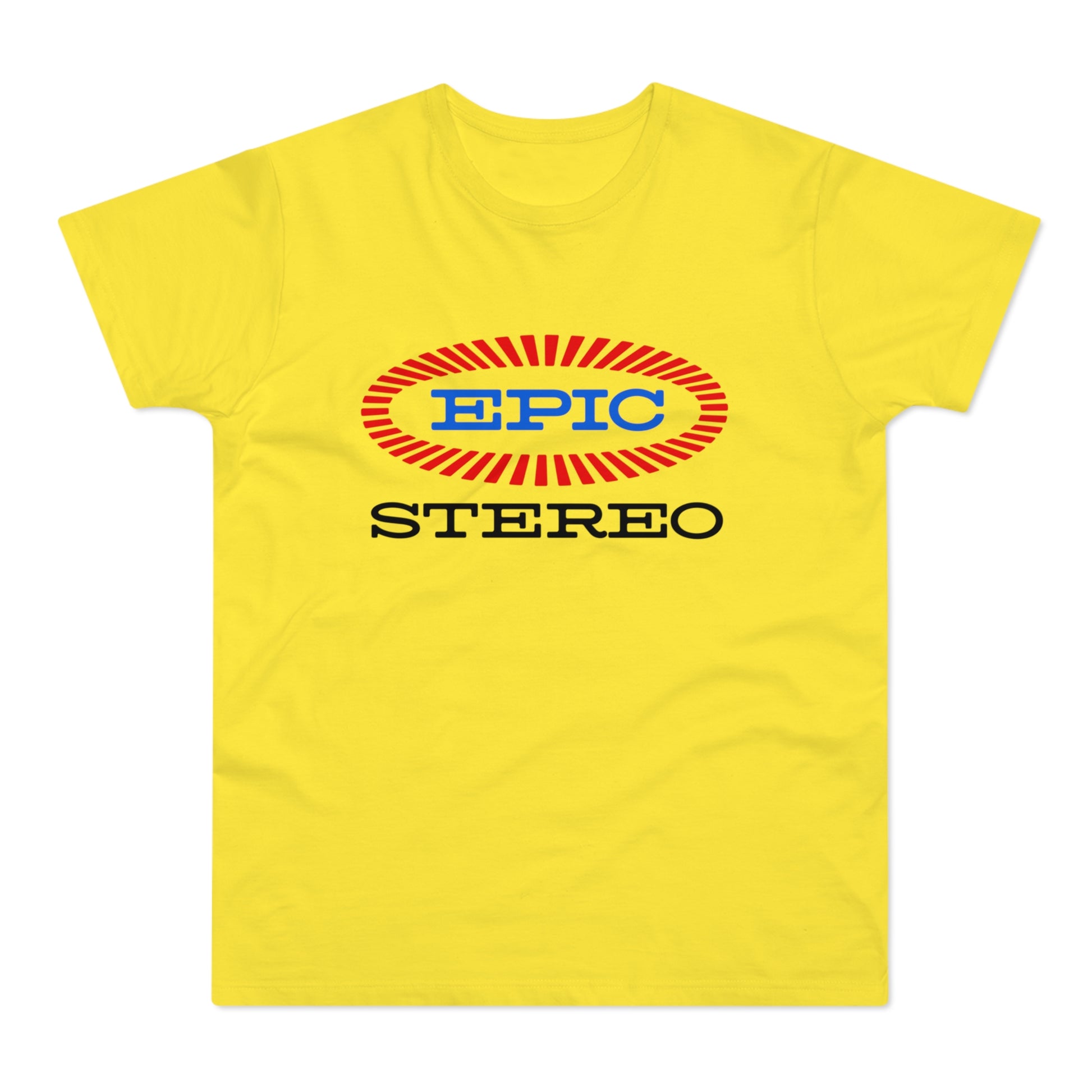 Yellow t-shirt with blue "EPIC" inside a red and white striped oval, and black "STEREO" below.