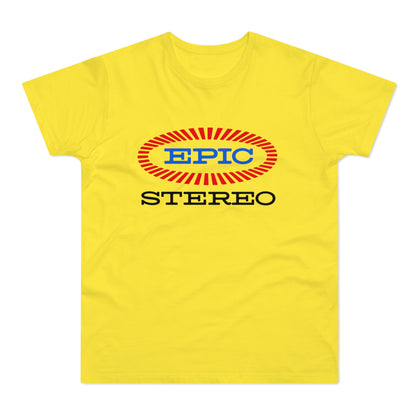 Yellow t-shirt with blue "EPIC" inside a red and white striped oval, and black "STEREO" below.