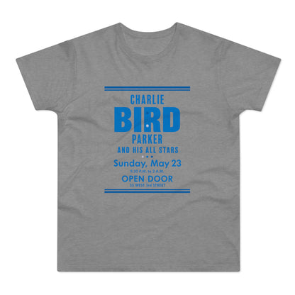 T-shirt with Charlie Bird Parker concert details: Sunday, May 23, Open Door.
