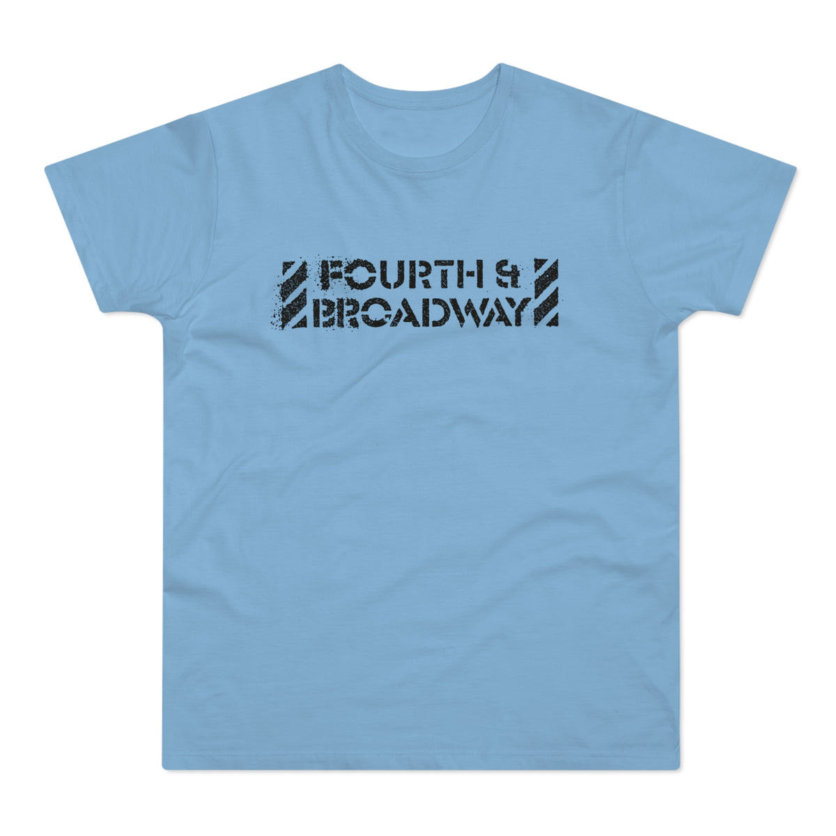 Light blue t-shirt with black distressed text "FOURTH & BROADWAY".