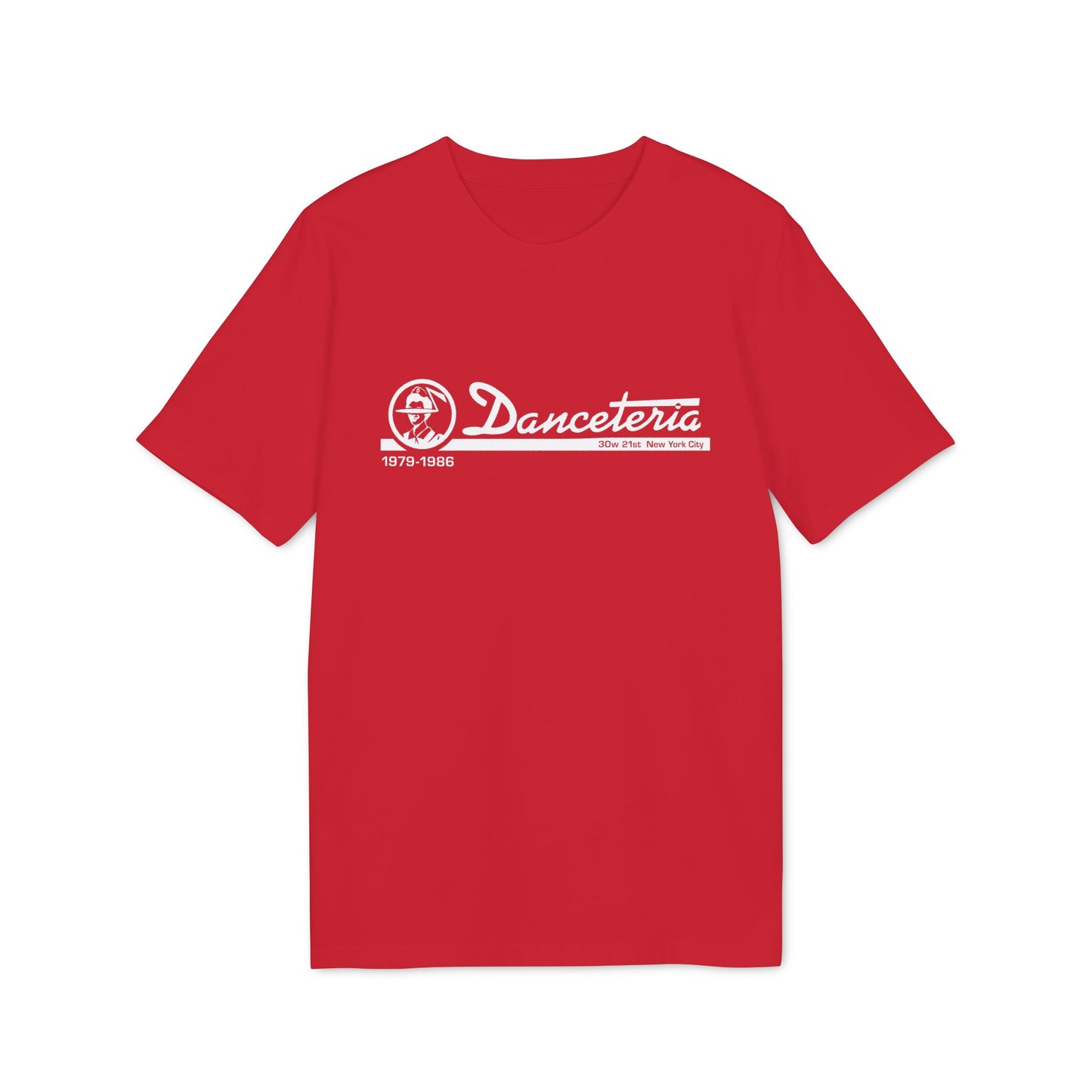 Red t-shirt with white Danceteria logo and 1979-1986 text.