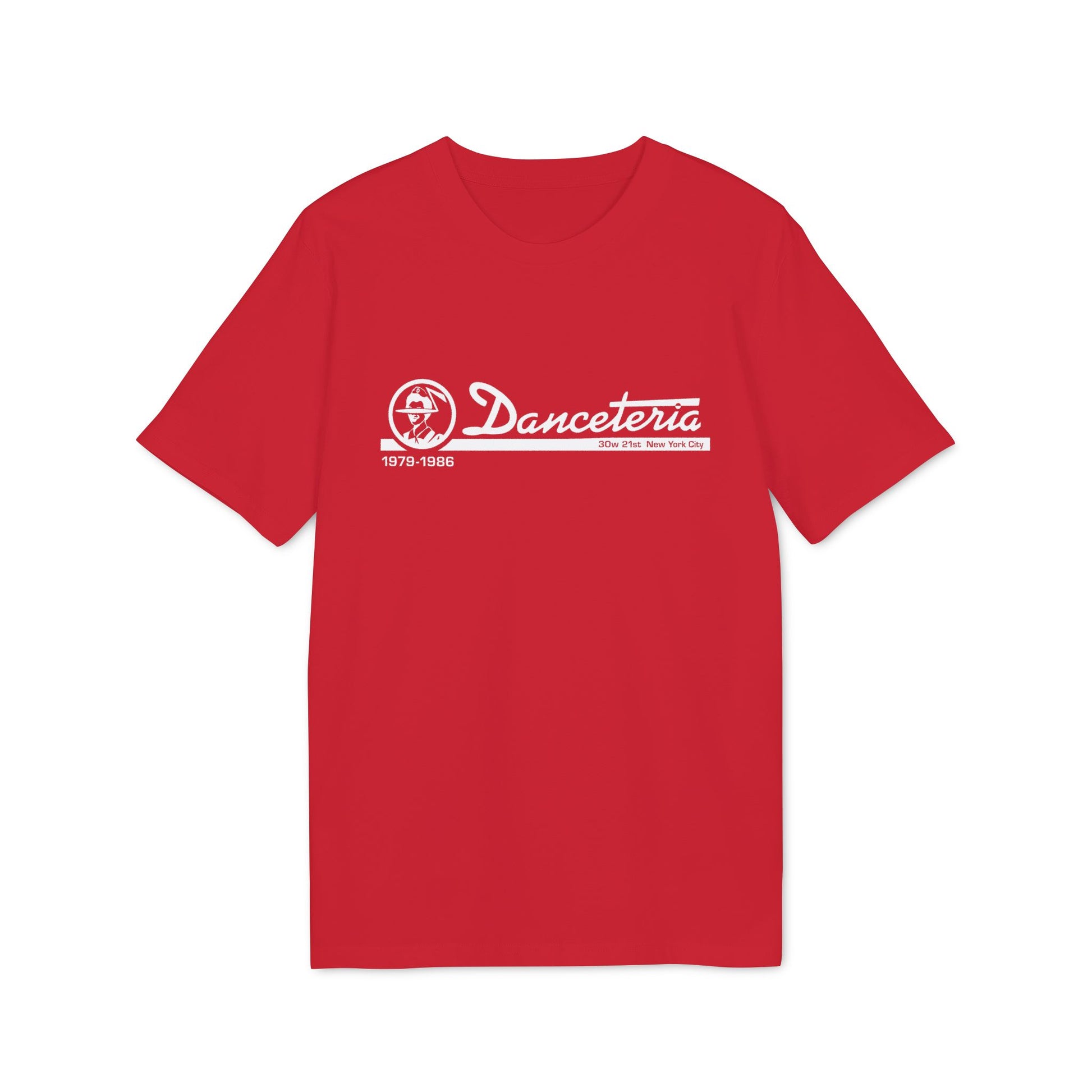 Red t-shirt with white Danceteria logo and 1979-1986 text.