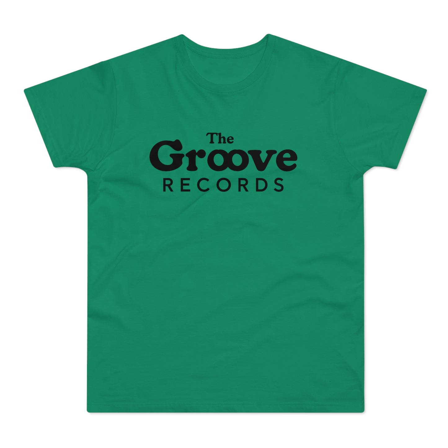 Green t-shirt with faded black text "The Groove Records"