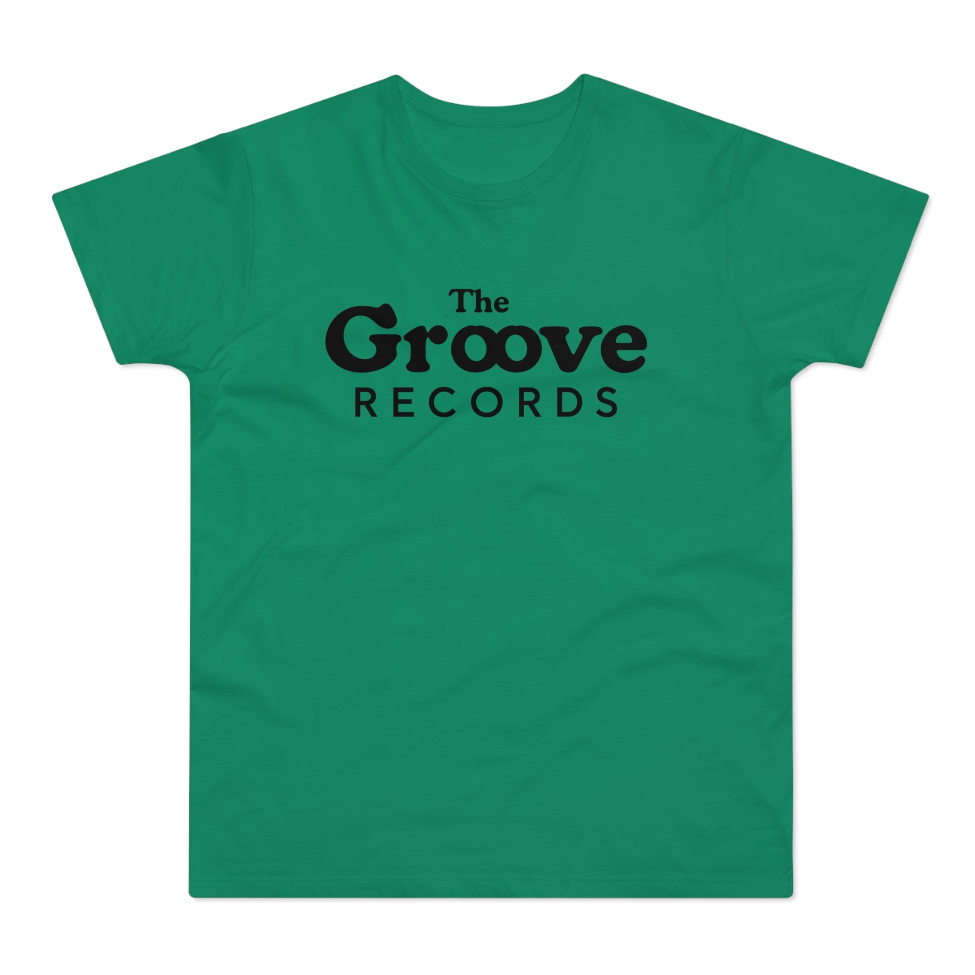 Green t-shirt with faded black text "The Groove Records"