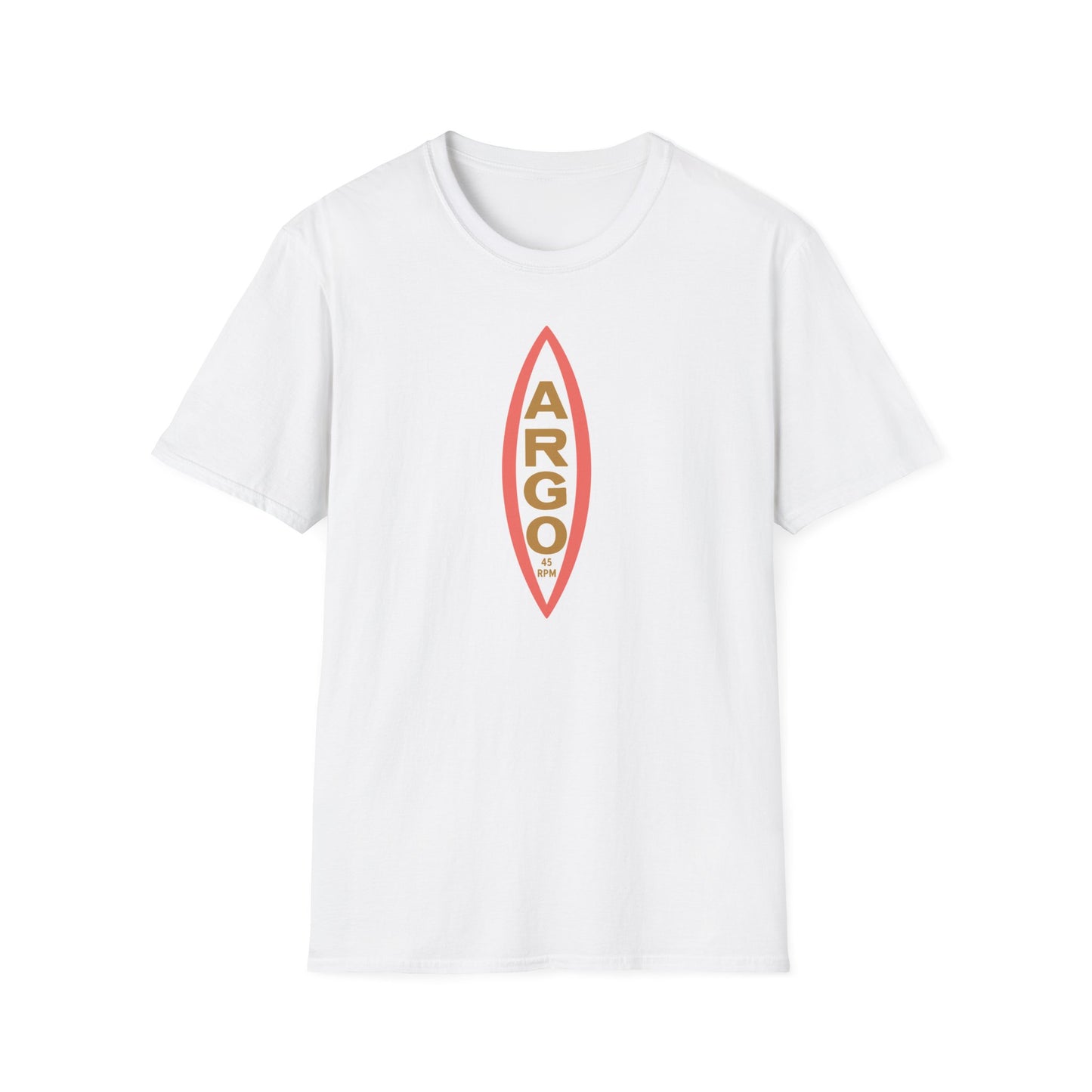 White t-shirt with a vertical red and gold ARGO 45 RPM record graphic.