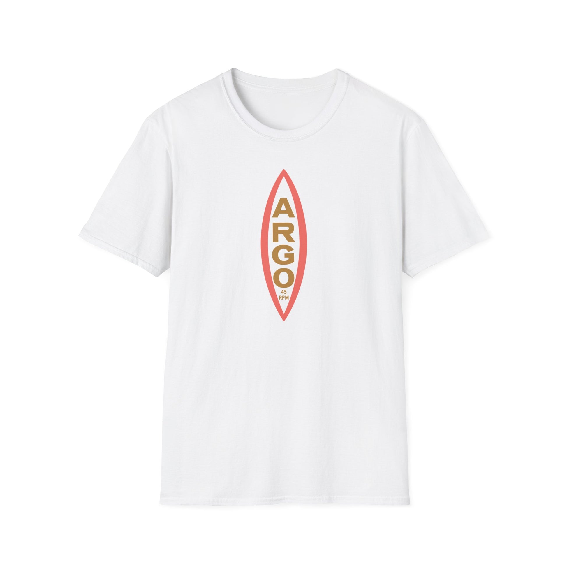 White t-shirt with a vertical red and gold ARGO 45 RPM record graphic.