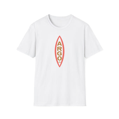 White t-shirt with a vertical red and gold ARGO 45 RPM record graphic.
