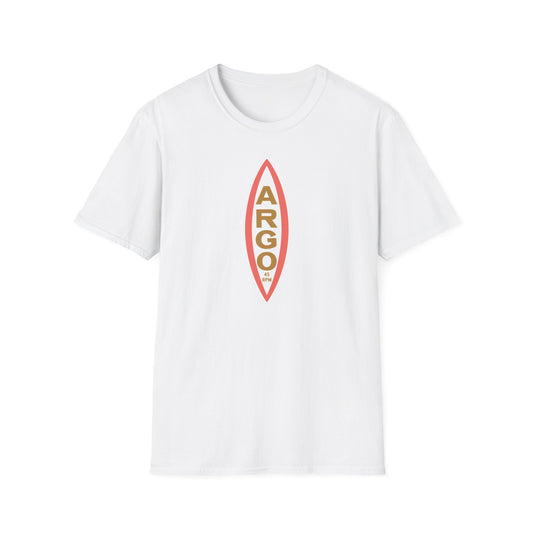 White t-shirt with a vertical red and gold ARGO 45 RPM record graphic.