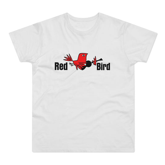 White t-shirt with a red bird graphic and the words "Red Bird"