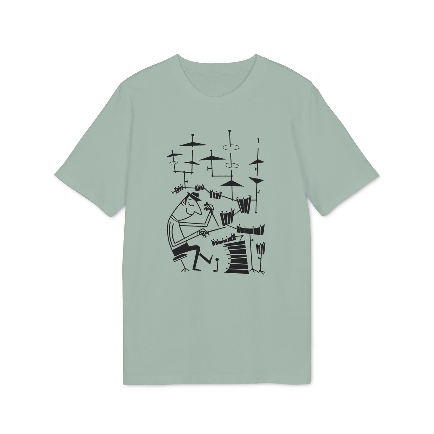 Black line art of a minimalist drummer and drum set on a light green t-shirt.