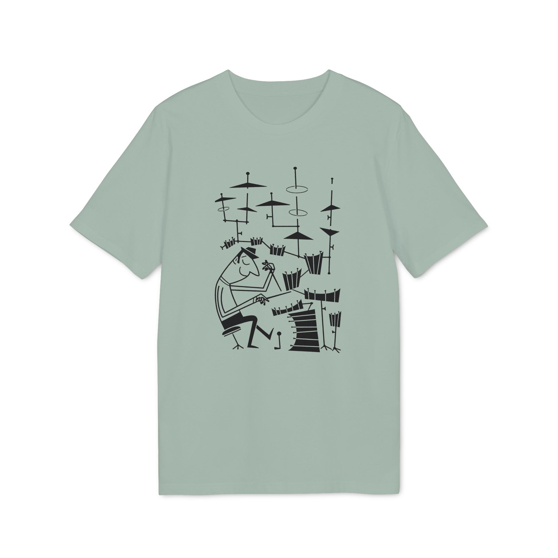 Black line art of a minimalist drummer and drum set on a light green t-shirt.