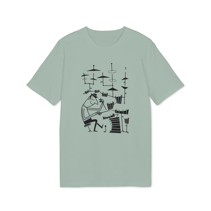 Black line art of a minimalist drummer and drum set on a light green t-shirt.